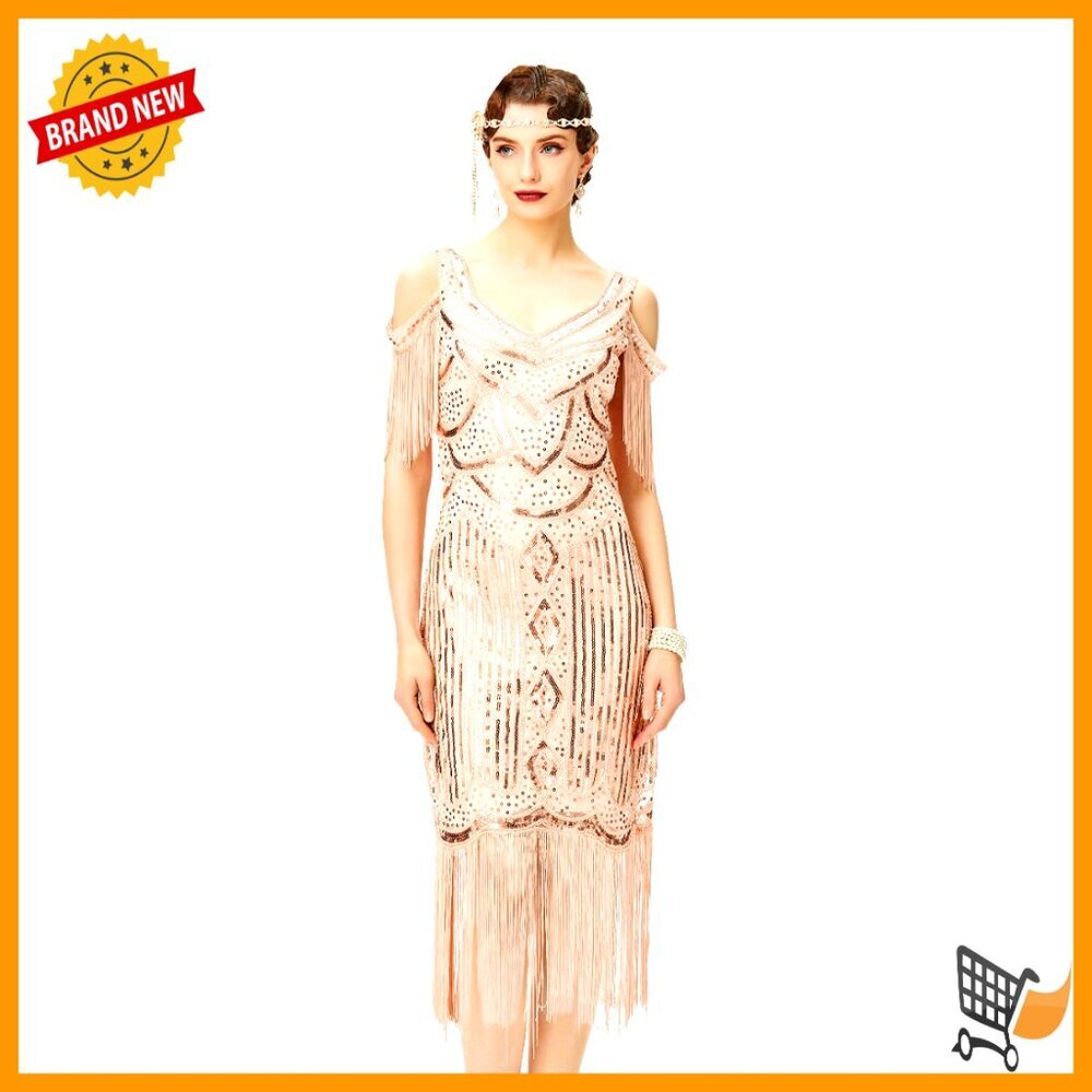Vintage Flapper Dress with Sequins Beads Fringe Roaring 20s Gatsby Party